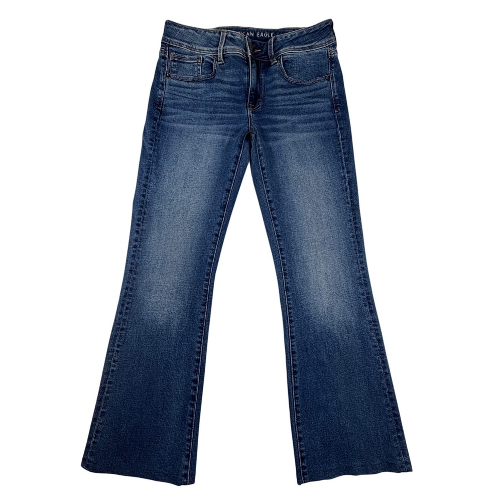American Eagle Kick Boot Jeans Long Dark Wash Super Stretch Denim Flare Womens 8